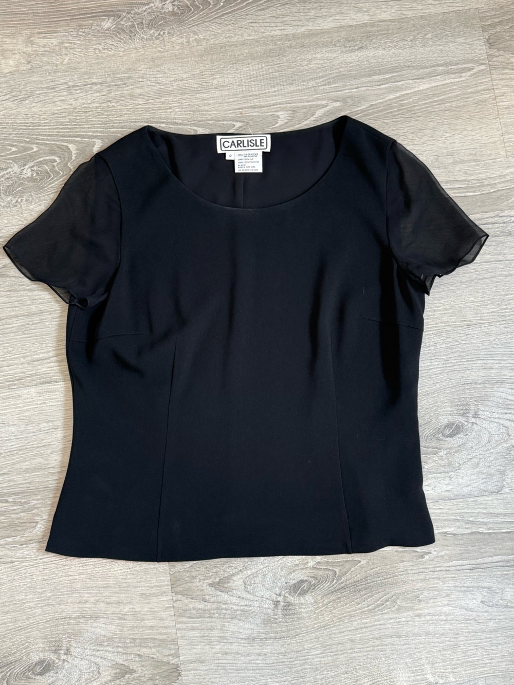 Vintage Carlisle Silk Combo Blouse - Black Short Sleeve  Top - Sheer Sleeves